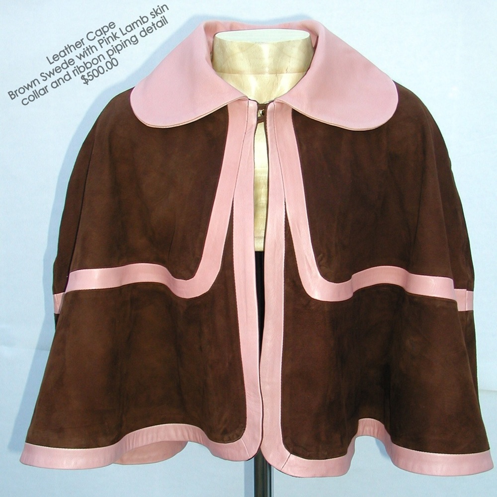 Swede brown cape with pastel pink ribbon trim